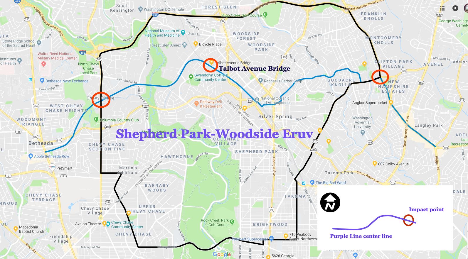Map illustrating the Shepherd Park-Woodside Eruv and the Purple Line. Base map via Google Maps and Purple Line center line GIS data courtesy of the Montgomery County Department of Planning. 