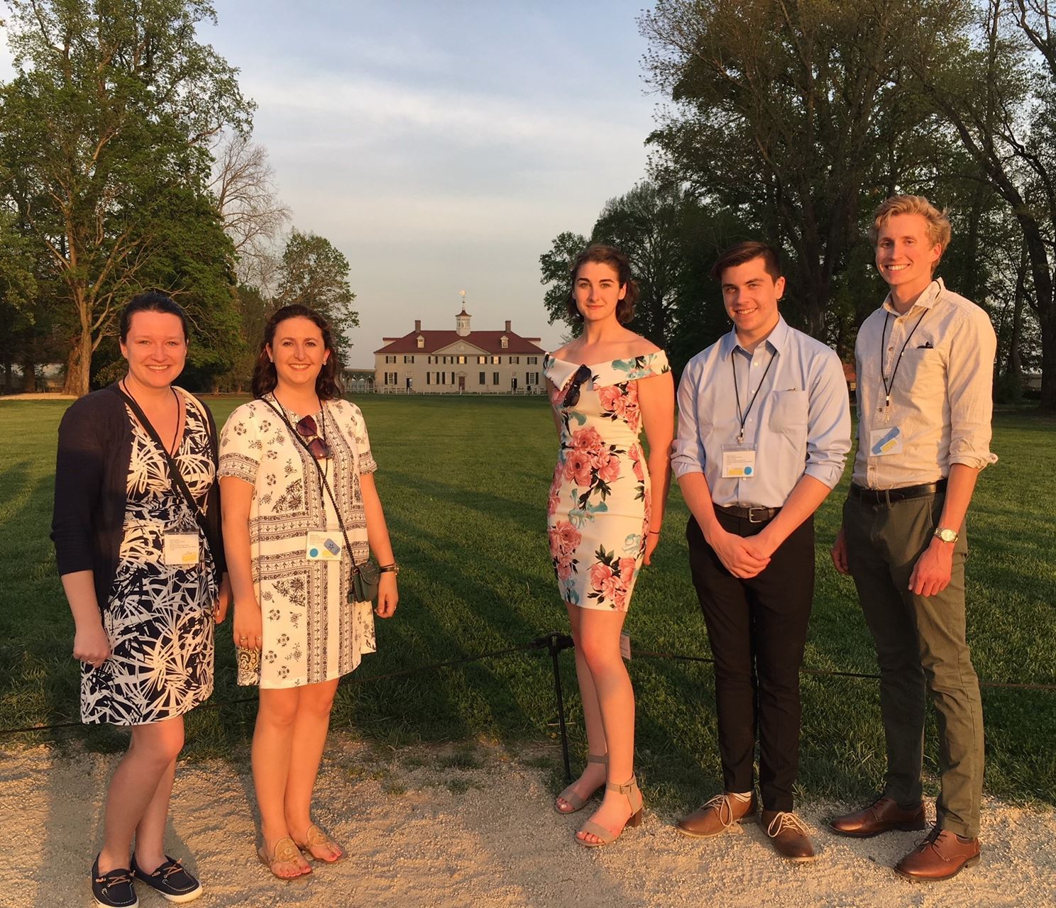 RWU Historic Preservation Program students at Mount Vernon. L to r Chelsea Towers, Sarah Lasky, Olivia Jacinto, Matthew Papineau, Henry Feuss. Photo by Elaine Stiles