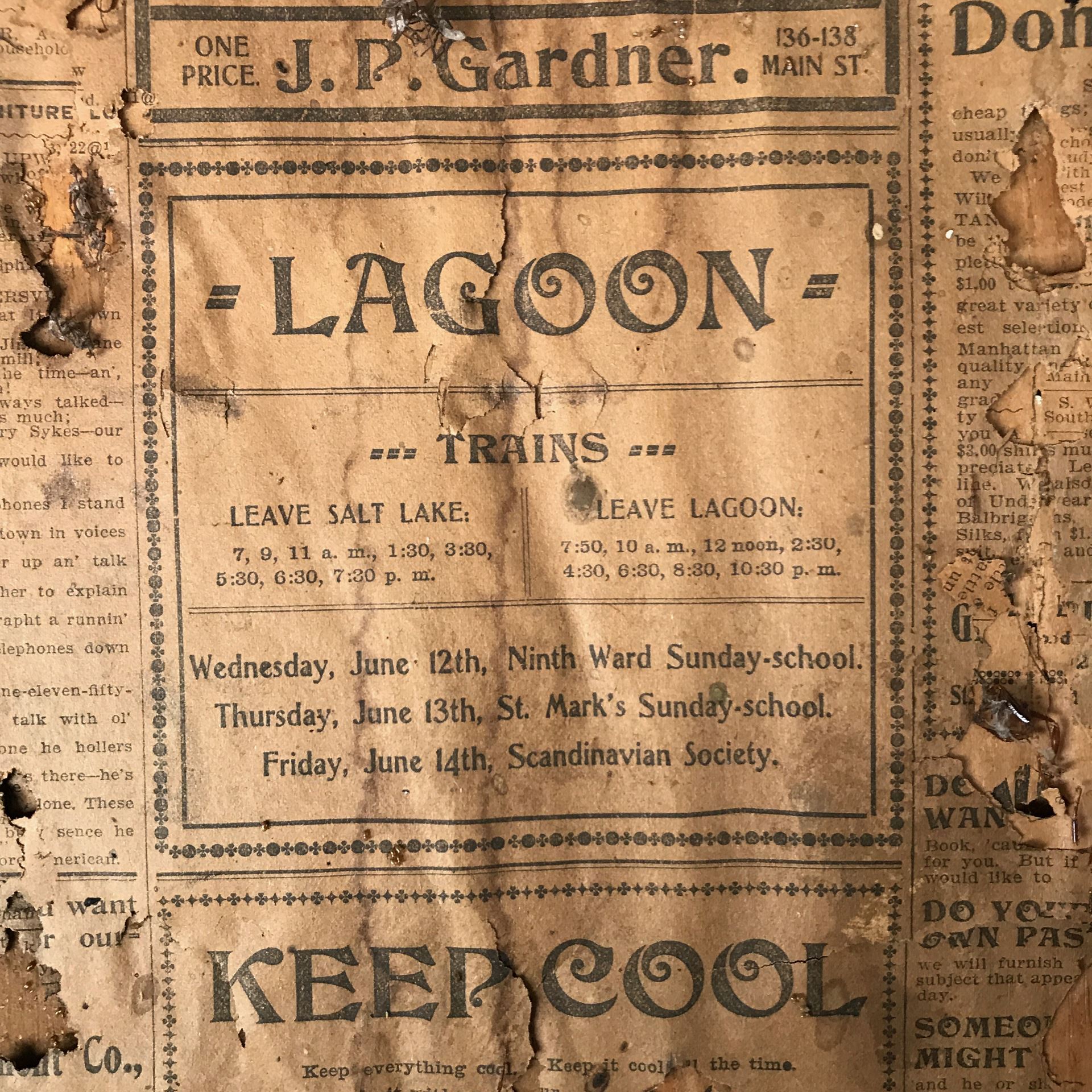 - A section from the newspaper insulation showing the Lagoon train schedule.